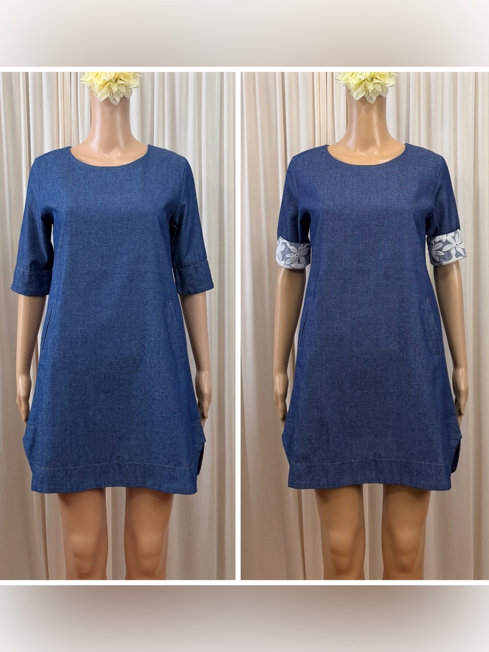 Casual Indigo Mini Dress with Folded Sleeve Detail